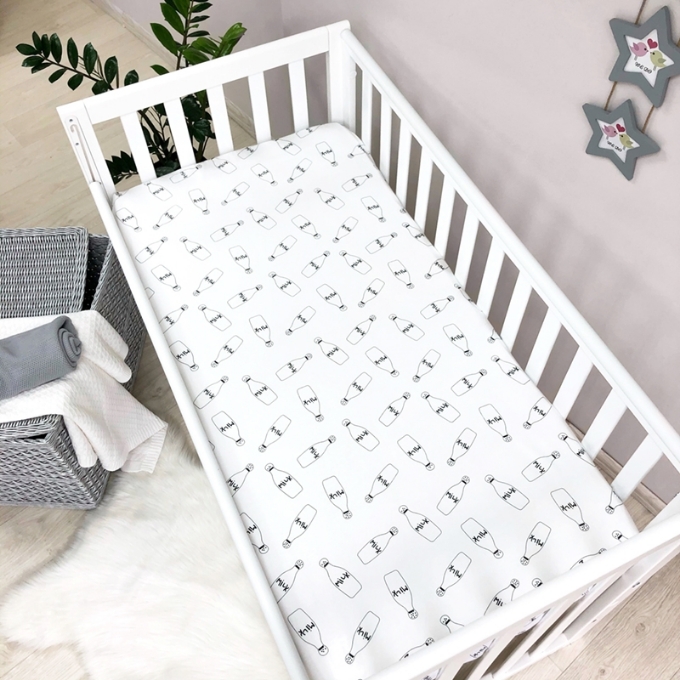 Husa saltea patuț bebe copii din bumbac 120 x 60 cm, Milk (1)